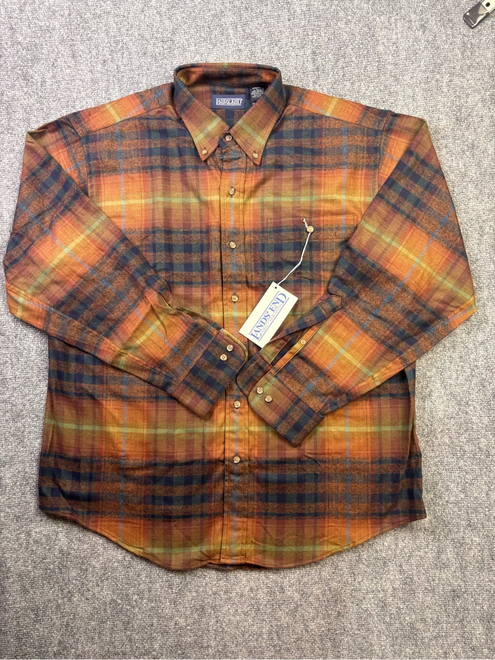 Vintage NWT Lands' End Flannel Men's L 50" Chest Orange Plaid Oversized